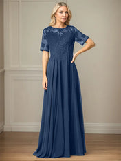 A Line Chiffon Scoop Neck Short Sleeves Floor Length Mother of the Bride Dresses