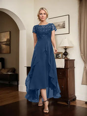 A-line Scoop Illusion Asymmetrical Chiffon Lace Mother of the Bride Dress With Bow Ruffle Sequins