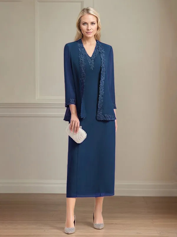 4 Sleeves Tea Length Mother Of The Bride Dress