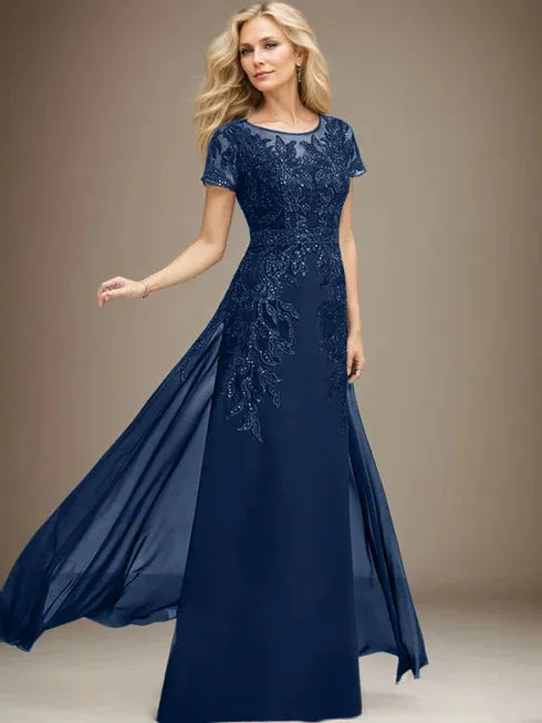 Column Scoop Illusion Floor-Length Lace Chiffon Mother of the Bride Dress With Sequins