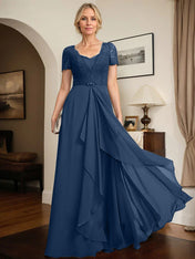A-line Sweetheart Floor-Length Chiffon Lace Mother of the Bride Dress With Beading Cascading Ruffles