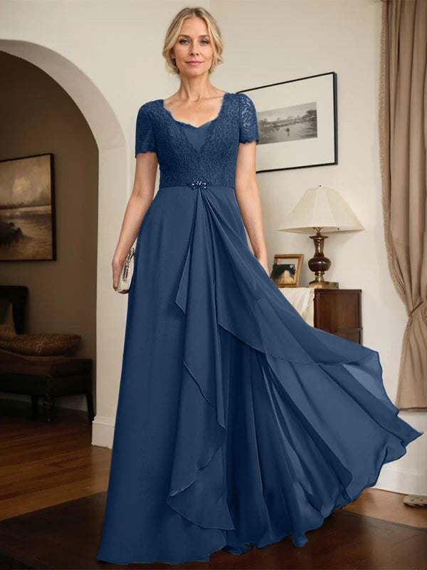 A-line Sweetheart Floor-Length Chiffon Lace Mother of the Bride Dress With Beading Cascading Ruffles