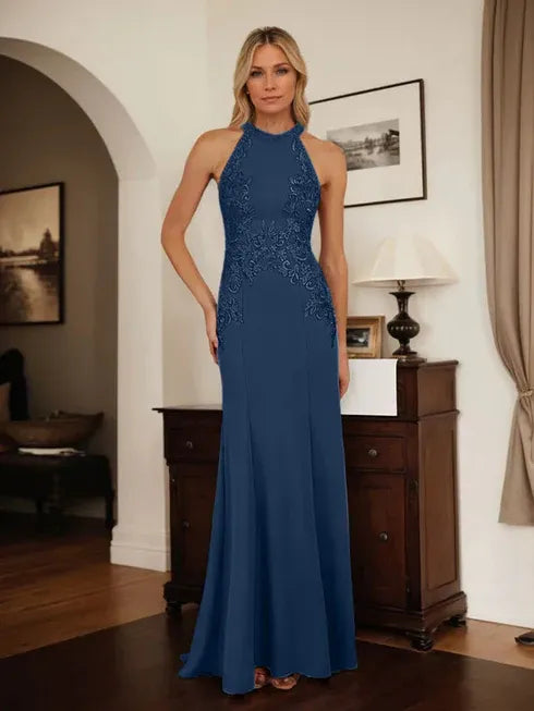 Dusty Blue Sheath Halter Long Mother of Bride Dress With Appliques