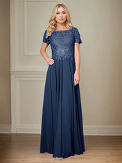 A Line Chiffon Boat Neck Short Sleeves Floor Length Pleated Mother of the Bride Dresses