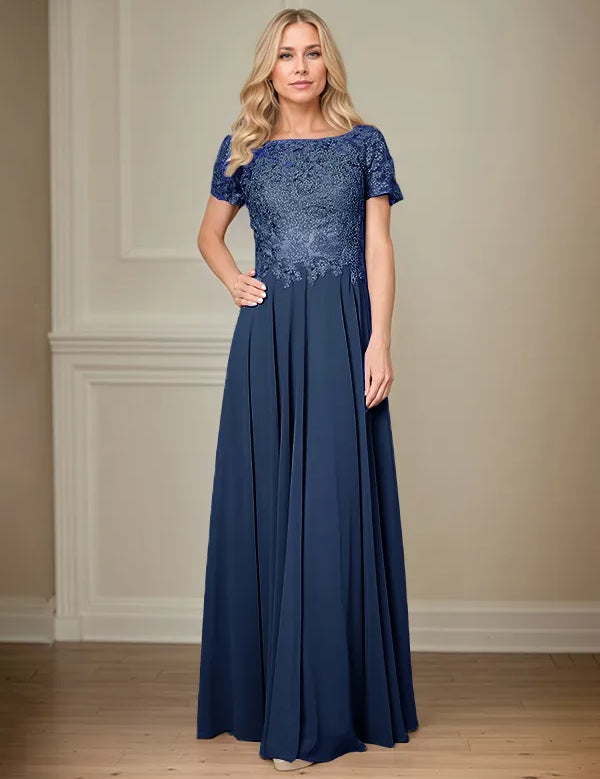 A Line Chiffon Boat Neck Short Sleeves Floor Length Pleated Mother of the Bride Dresses