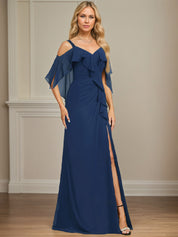 Sheath/Column Cold Shoulder V-Neck Floor-Length Chiffon Dress With Cascading Ruffles Sequins Beading