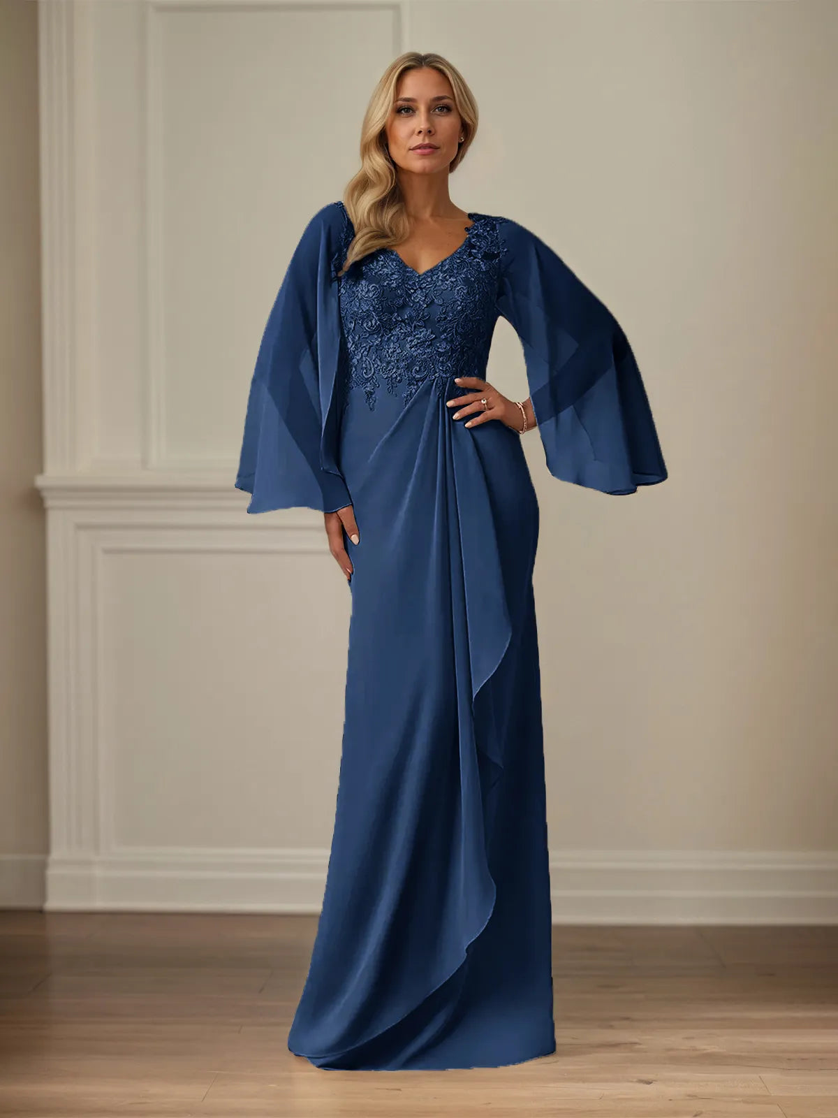 Column Chiffon V Neck Long Sleeves Floor Length Mother of the Bride Dresses With Appliques