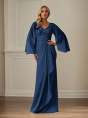 Sheath/Column Chiffon V Neck Long Sleeves Floor Length Mother of the Bride Dresses With Appliques