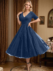 A-line V-Neck Tea-Length Tulle Lace Mother of the Bride Dress With Pleated