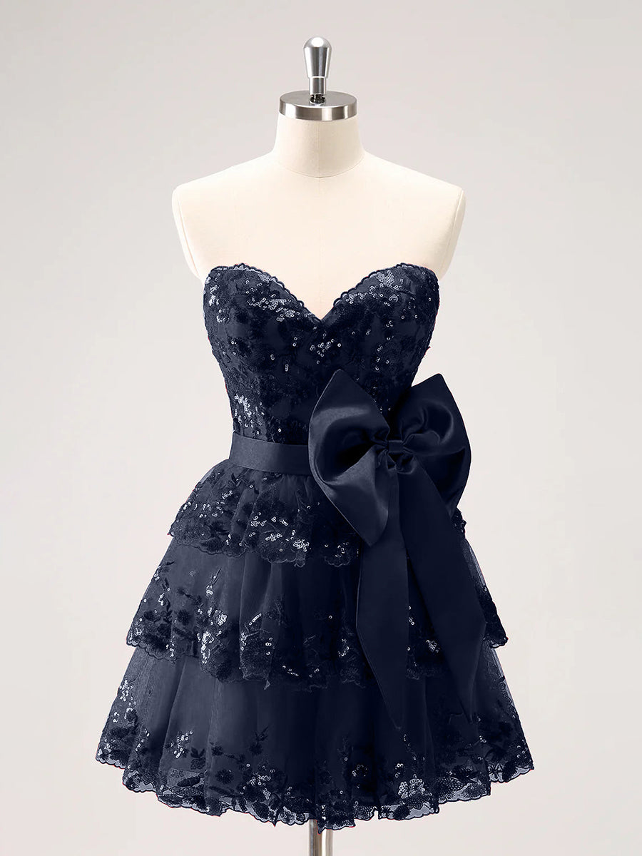 Sparkly Green A Line Sweetheart Corset Tiered Ruffle Homecoming Dress with Bows