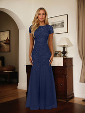 Dark Navy Mermaid Scoop Sequins Tulle Dress