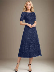 A-line Scoop Illusion Tea-Length Lace Mother of the Bride Dress With Sequins