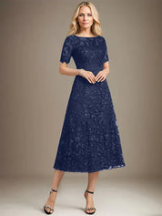 A-line Scoop Illusion Tea-Length Lace Mother of the Bride Dress With Sequins