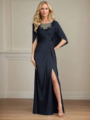 Sheath/Column Satin Scoop Neck Cap Sleeves Floor Length Mother Of The Bride Dresses
