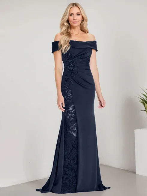 A-Line Off the Shoulder Floor-Length Mother of the Bride Dress Applique Beadings Mermaid Dress With  High Split