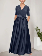 Surplice Neckline Ballgown with Full Satin Skirt & Jersey Bodice