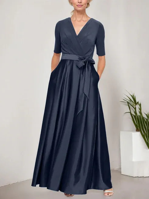 Surplice Neckline Ballgown with Full Satin Skirt & Jersey Bodice