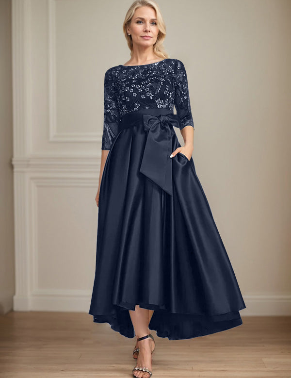 Robe de mère de la mariée asymétrique en satin et dentelle, coupe trapèze, décolleté en V, avec nœud 
