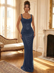 Sparkly Blue Shimmer Cowl Neck Corset Prom Dress