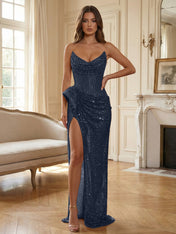 Champagne Gold Crystal-Embellished Corset Long Prom Dress with Slit