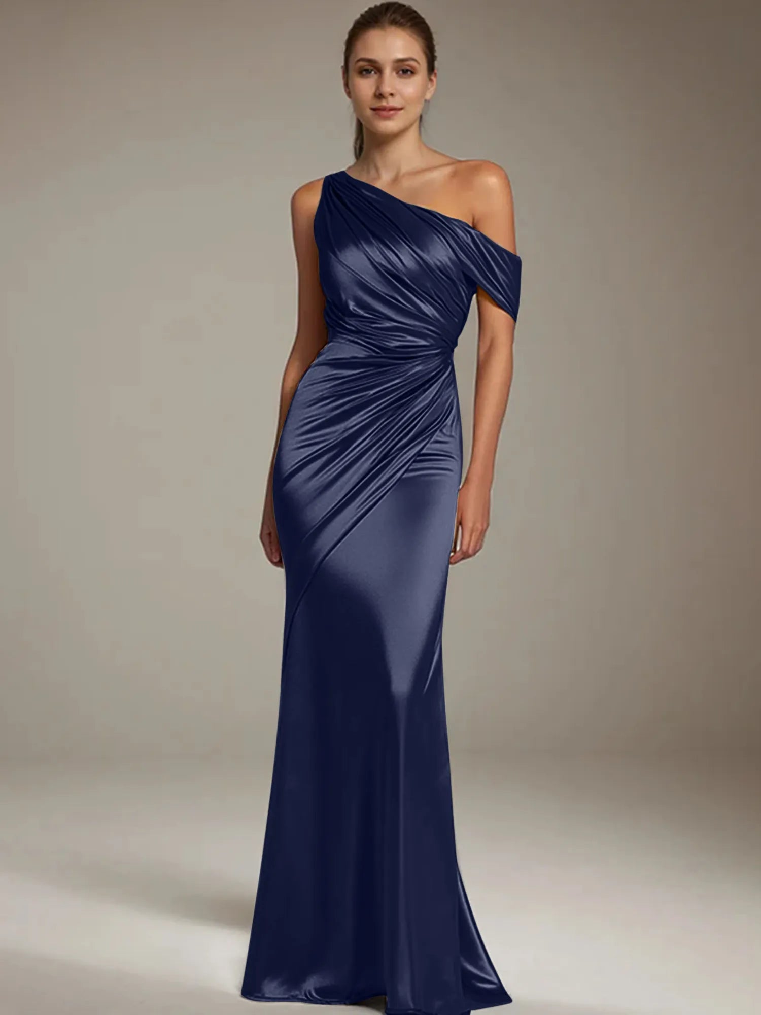 Formal Party Satin Dress Silver One-Shoulder Pleated  Floor-Length Dress