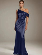 Formal Party Satin Dress Silver One-Shoulder Pleated  Floor-Length Dress