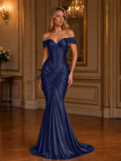 Burgundy Off-The-Shoulder Ruched Mermaid Floor-Length Gown Dress