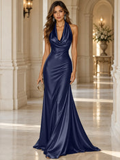 Elegant and Luxurious Cowl-neck Champagne Gold Satin Maxi Dress