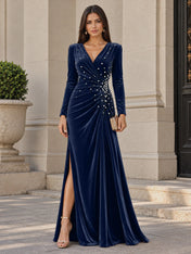 V-Neck Pearl Ruched Burgundy Velvet Floor-Length Evening Dresses with Long Sleeves