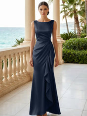 Dusty Blue Scoop Neck Evening Dress with Ruffle Mermaid Maxi Dress