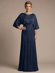 Bateau Neck Satin Evening Gown with 3/4 Batwing Sleeves Mother of The Bride Dresses