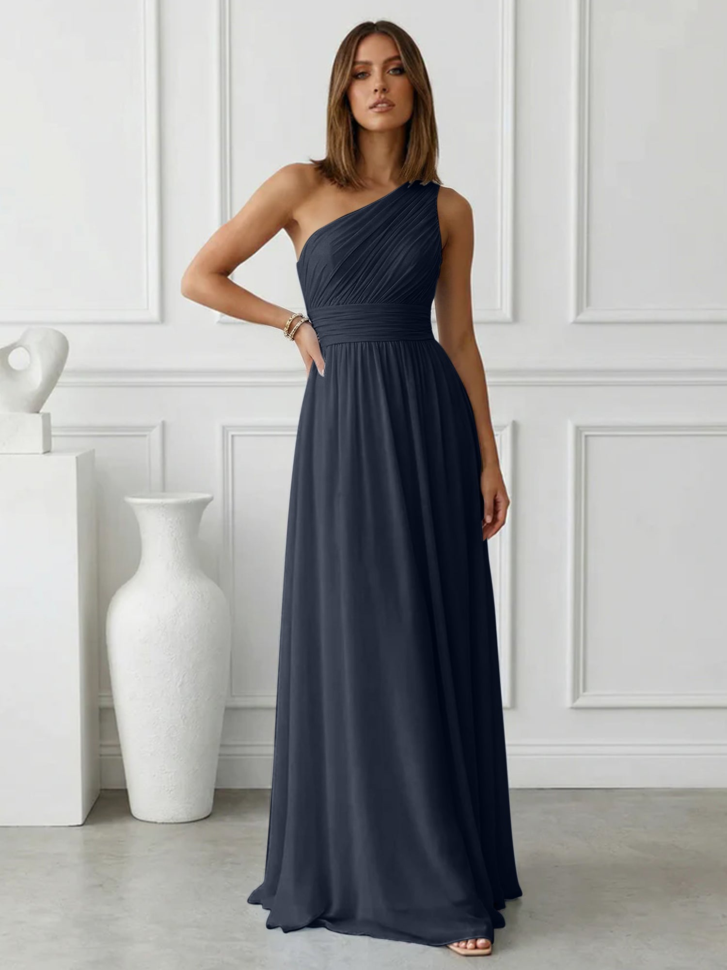 Timeless Light Blue One-Shoulder Maxi Dress Ruched Chiffon Gown