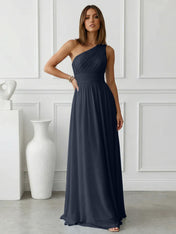 Timeless Light Blue One-Shoulder Maxi Dress Ruched Chiffon Gown