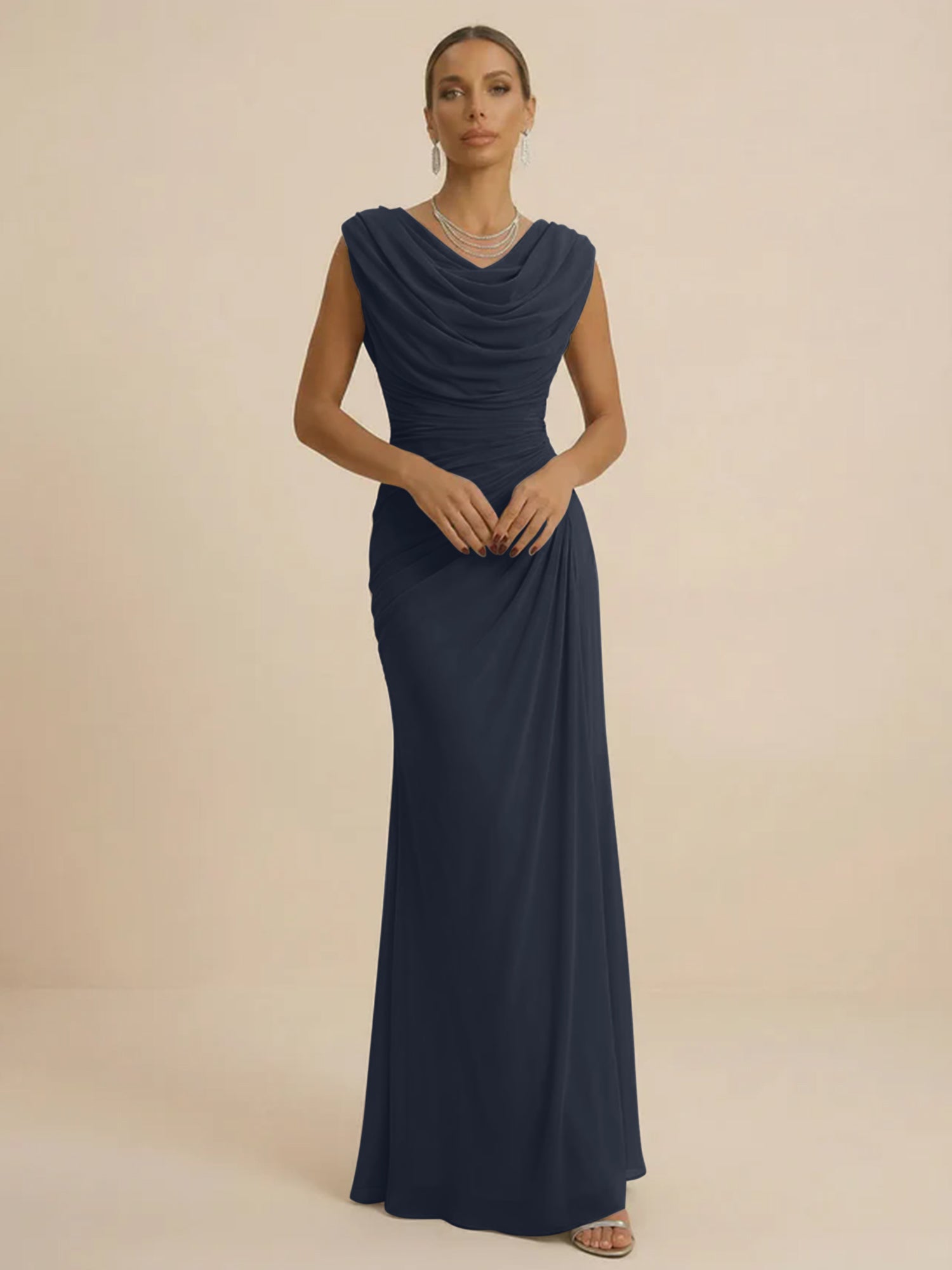 Dusty Grey Draped Cowl Neck Ruched Chiffon Evening Dresses