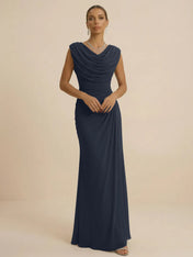 Dusty Grey Draped Cowl Neck Ruched Chiffon Evening Dresses