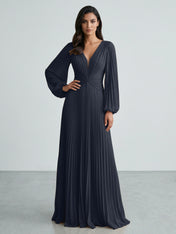 Slate Blue Plunging V-Neck Pleated Long Sleeve Maxi Dress Gown