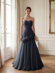 Lilac 3D Rosette Strapless Chiffon Evening Formal Gown Wedding Guest Dress