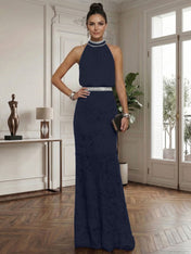 Purplish Rhinestone Ruched Lace Halter Sleeveless Mermaid Gown Dress