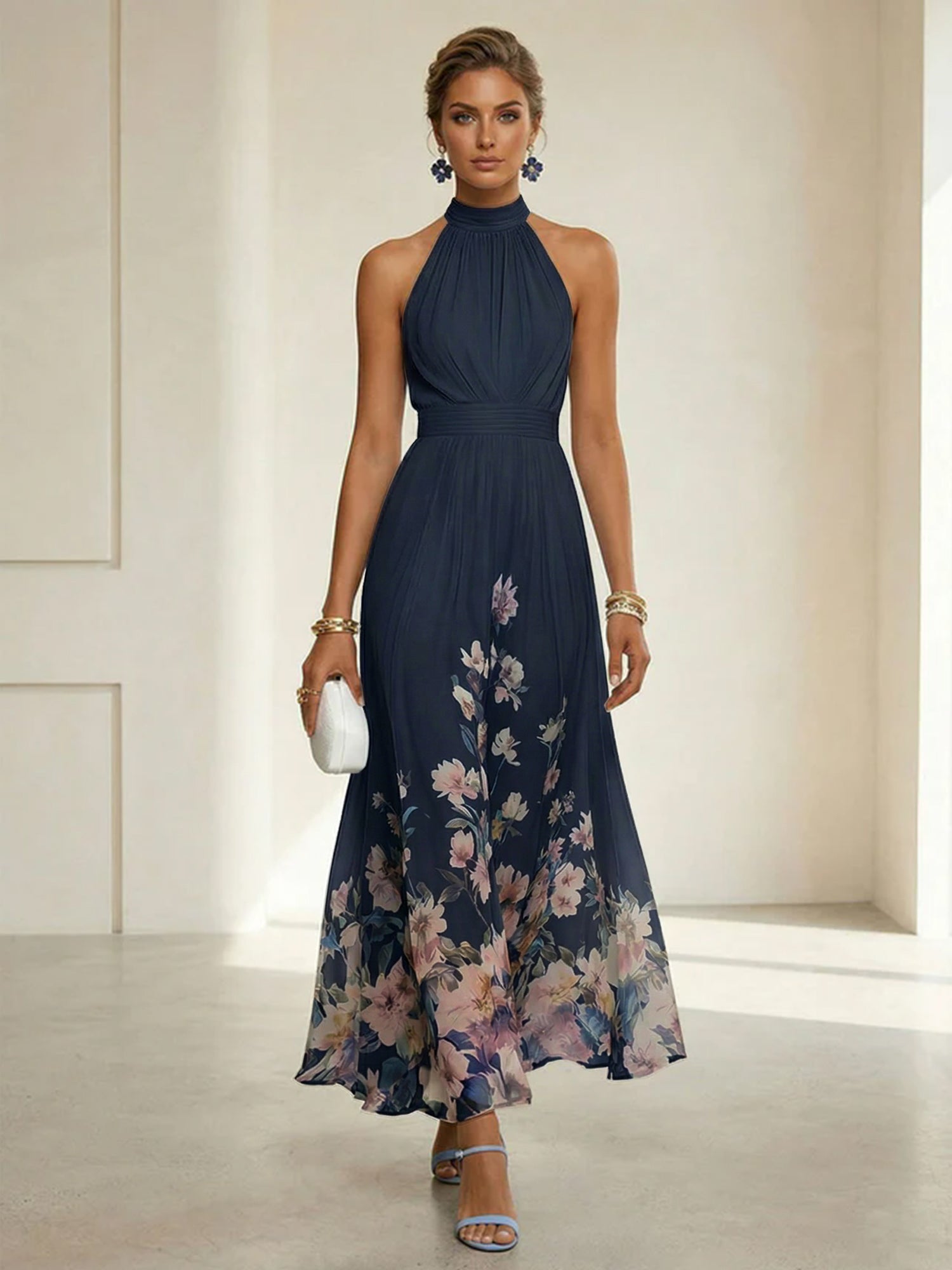 Light Blue Floral Chiffon Halter Sleeveless A-Line Maxi Dress Gown