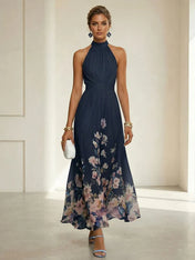 Light Blue Floral Chiffon Halter Sleeveless A-Line Maxi Dress Gown