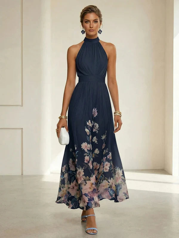 Light Blue Floral Chiffon Halter Sleeveless A-Line Maxi Dress Gown