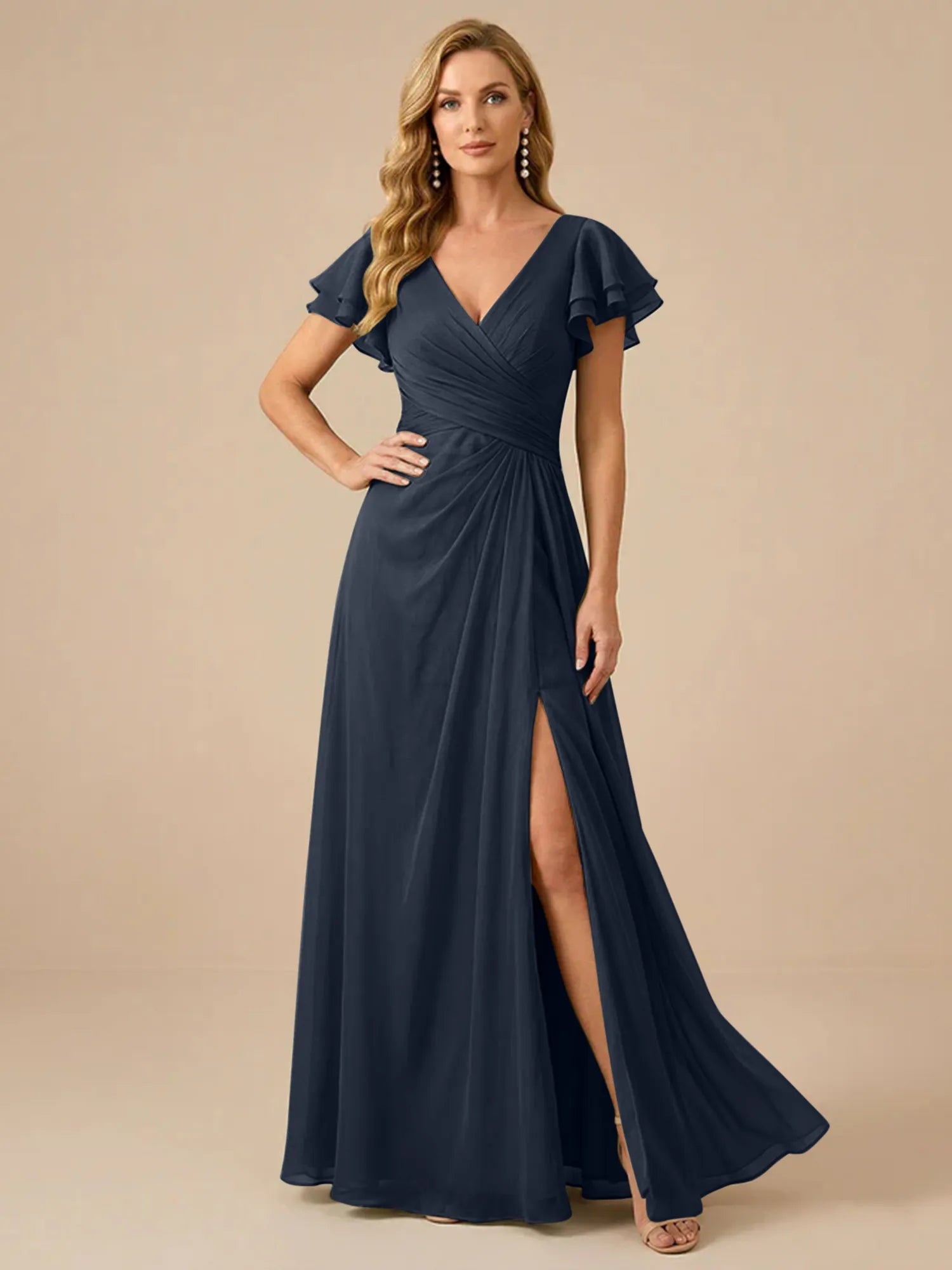 Sage Green V-Neck High-Slit Pleated Chiffon Dress