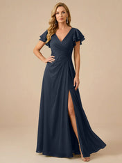 Sage Green V-Neck High-Slit Pleated Chiffon Dress