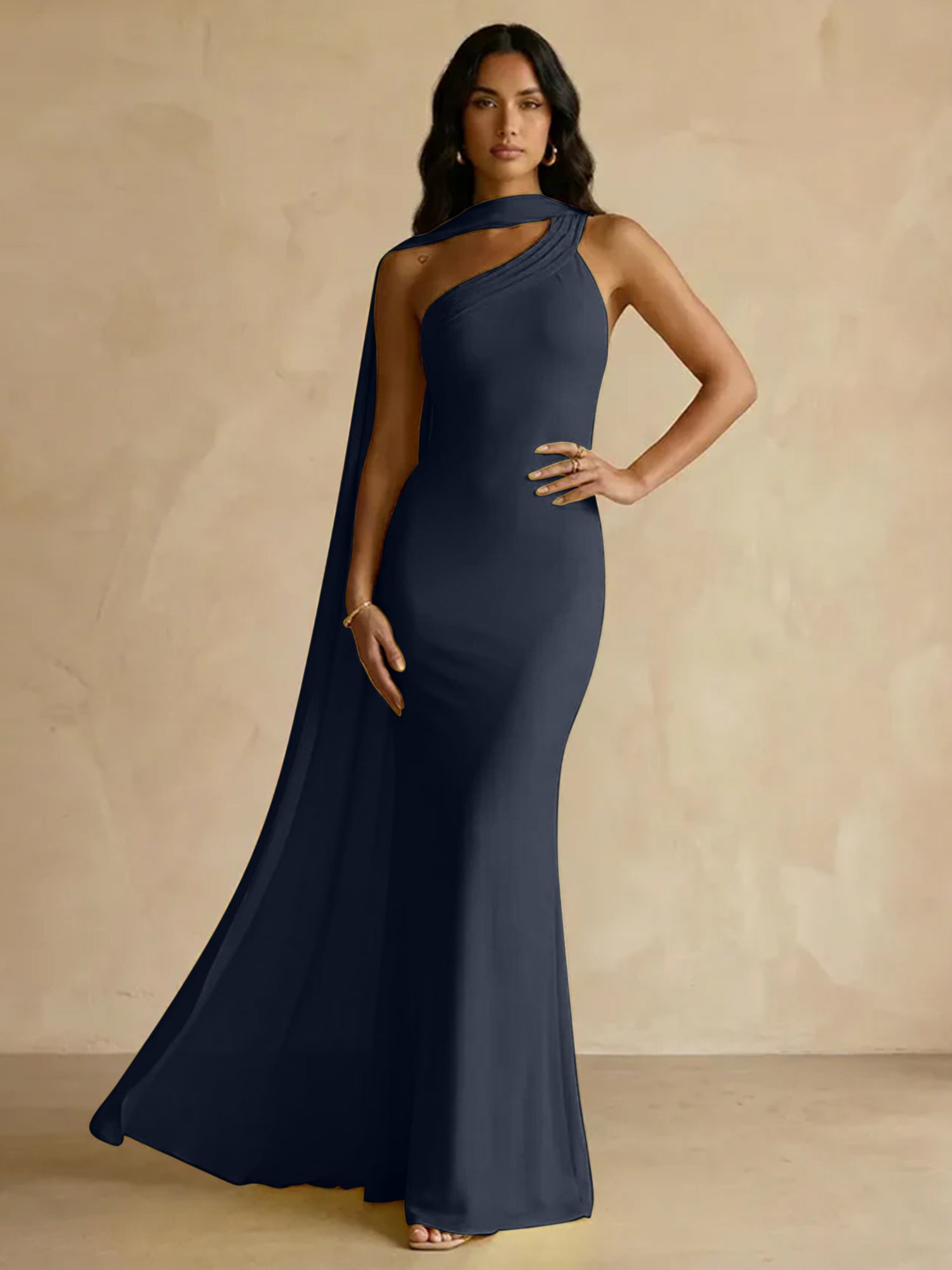Yellow One-Shoulder Crepe Sheath Gown with Flowing Chiffon Cape Train