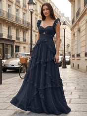 Verspieltes hellblaues, gestuftes A-Linien-Ballkleid mit Rüschen