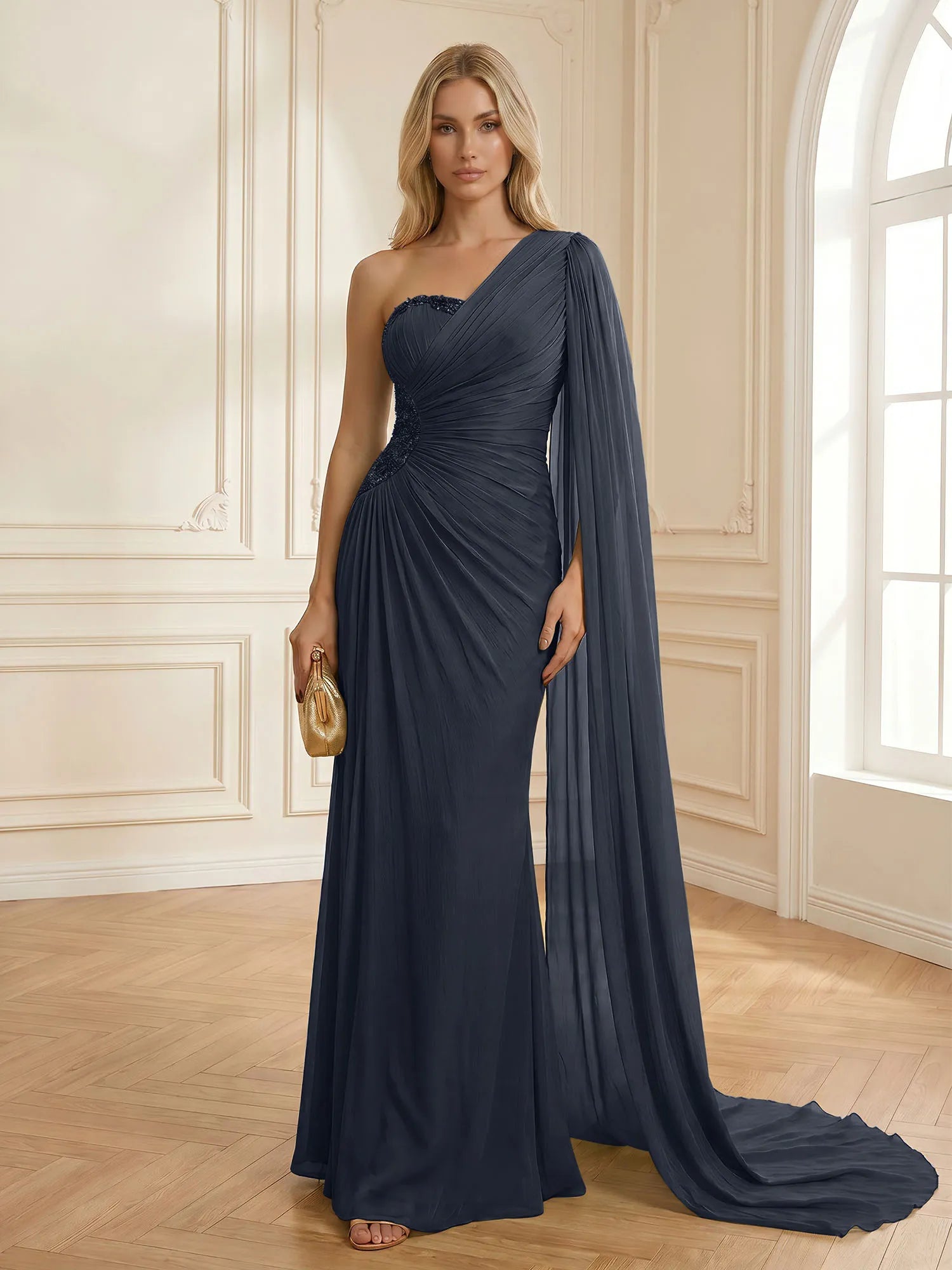 Sage Green One Shoulder Beaded Evening Gown with Cape Sleeve