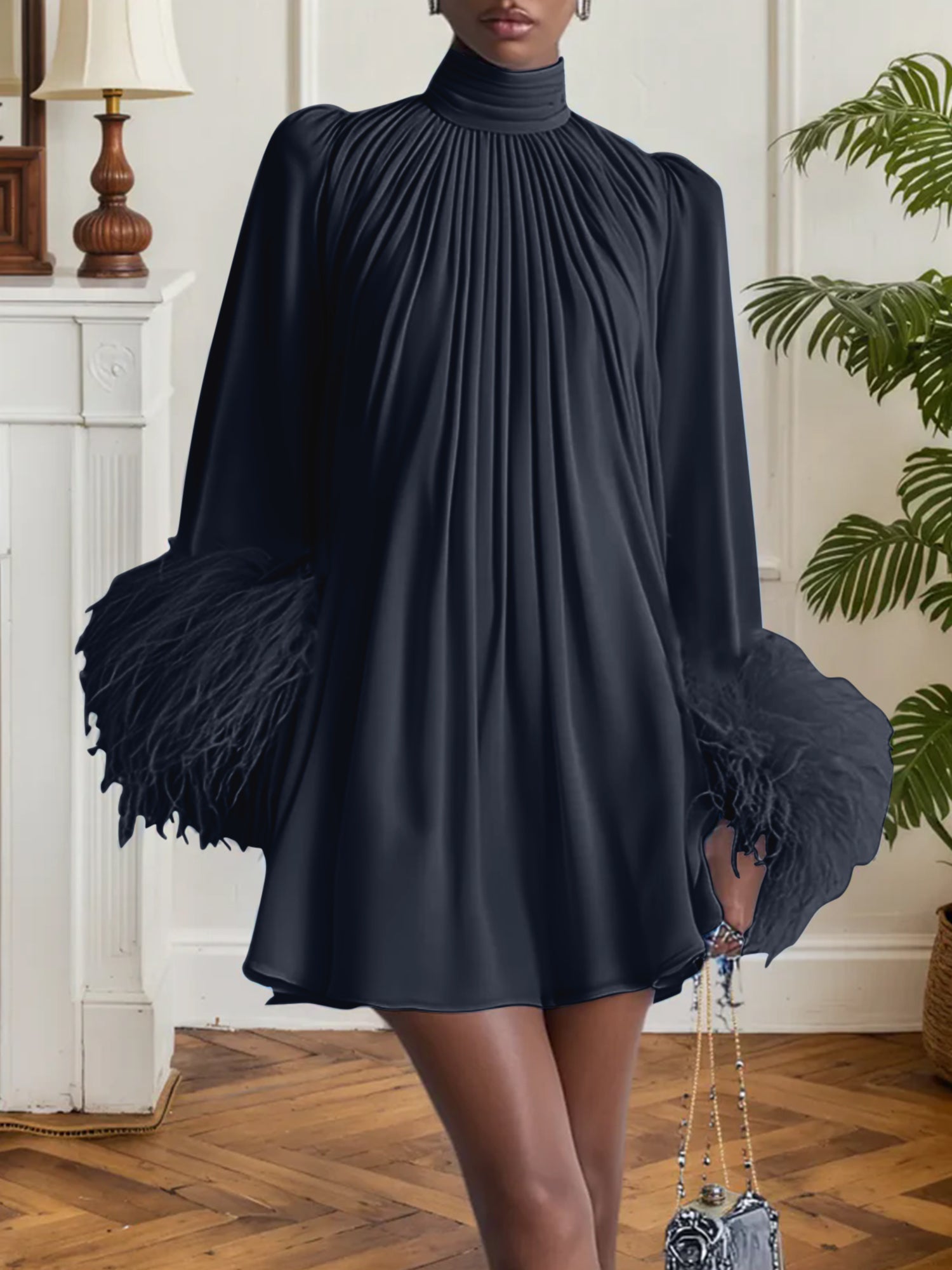 Blue Feather Ruched Chiffon Mock Neck Long Sleeve A-Line Mini Dress