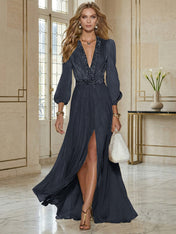 Elegant Beige Chiffon V-neck With Rhinestone Embellishments And A Side Slit Maxi Dress
