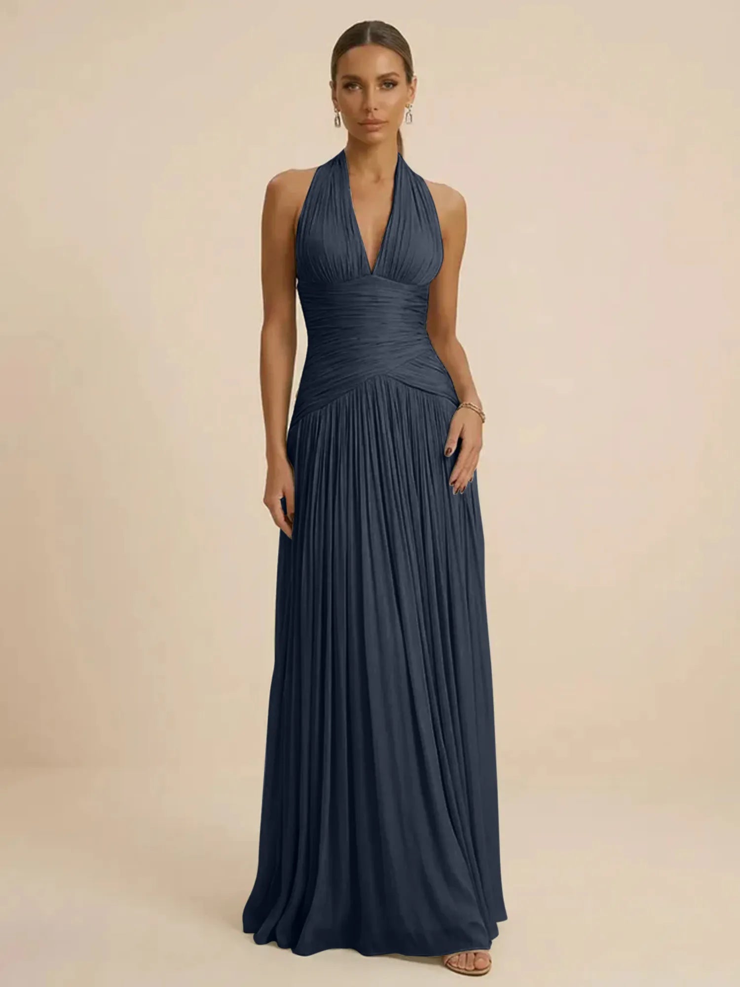 Sage Green Halter Neck Pleated Chiffon Evening Gown with Ruched