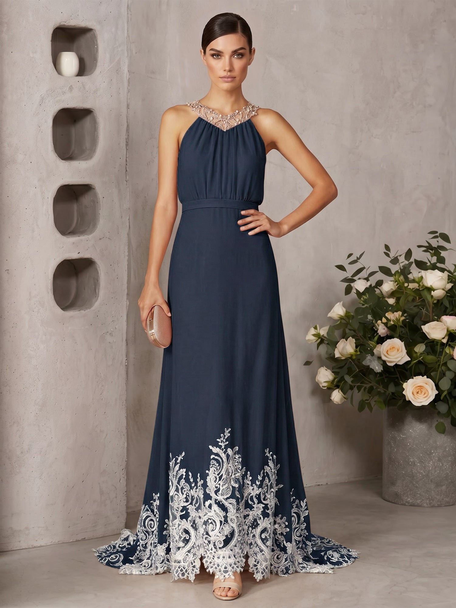 Pink Beaded Ruched Chiffon Halter Sleeveless A-Line Gown Maxi Dress